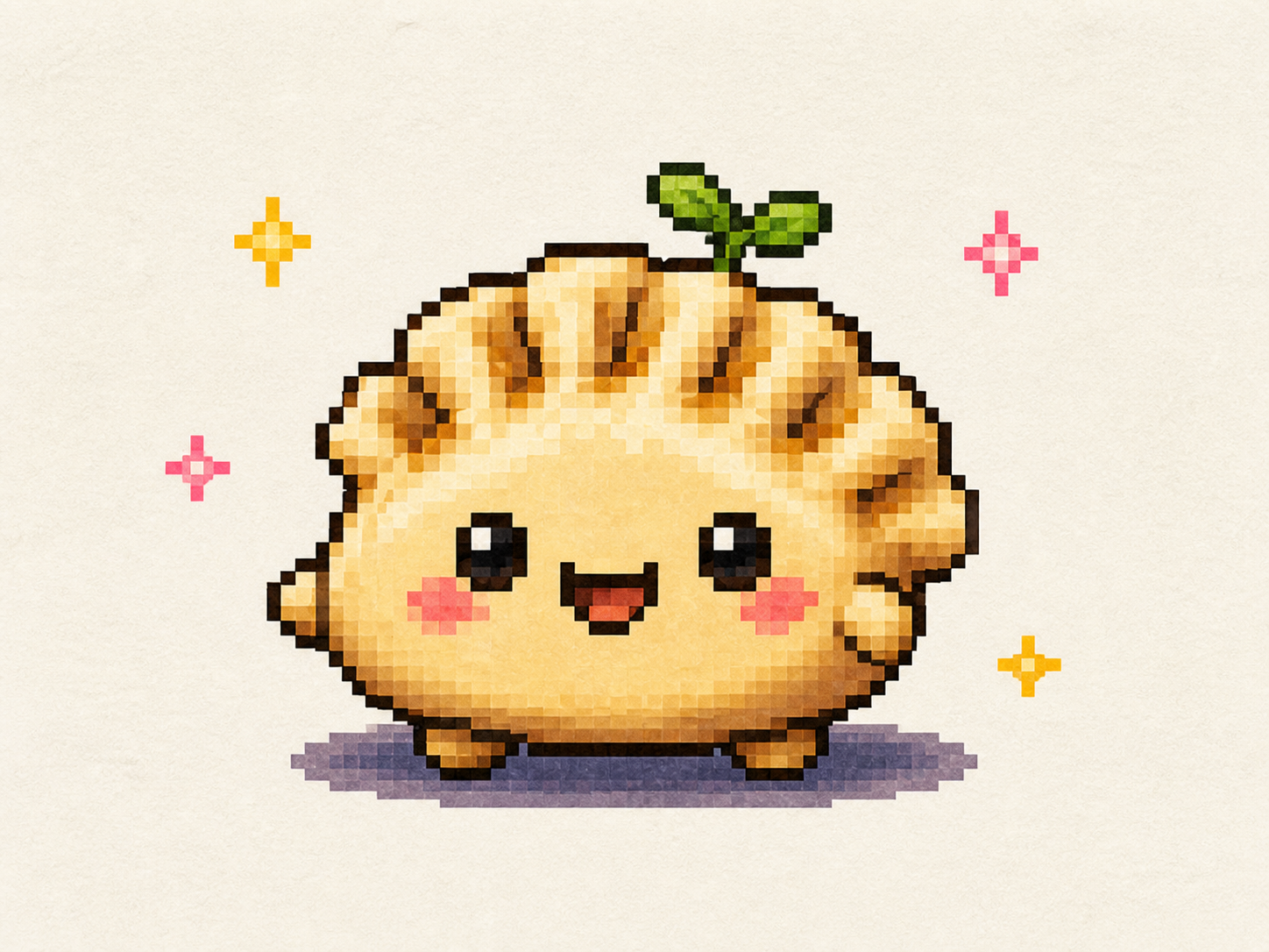 A cheerful pixel-art Mochacho with rosy cheeks and a green sprout