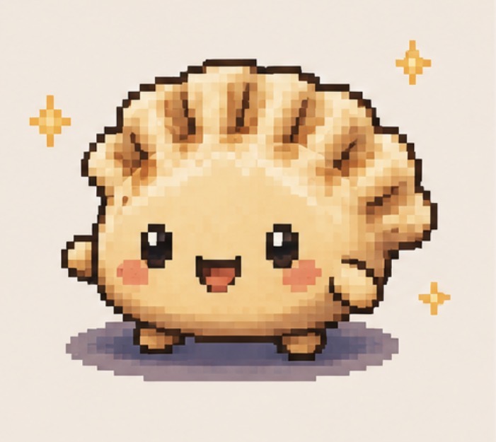 A happy pixel-art dumpling with rosy cheeks