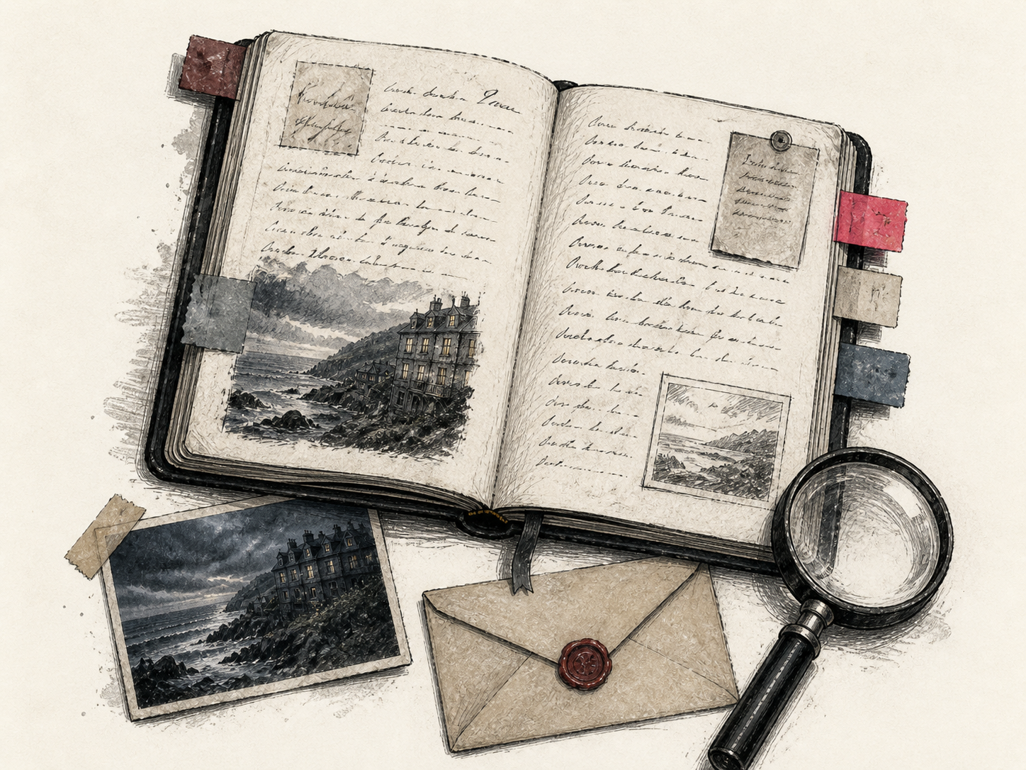 Ink illustration of an Otherword mystery notebook, coastal photographs, envelope, and magnifying glass
