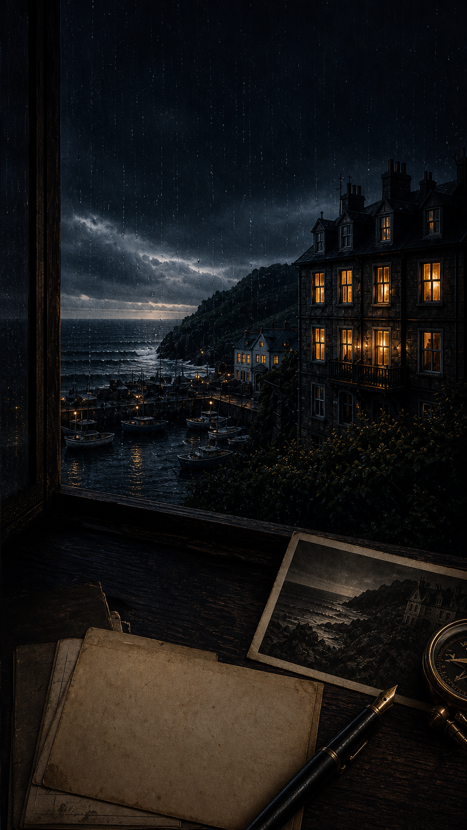 A rain-streaked view over a dark coastal harbour