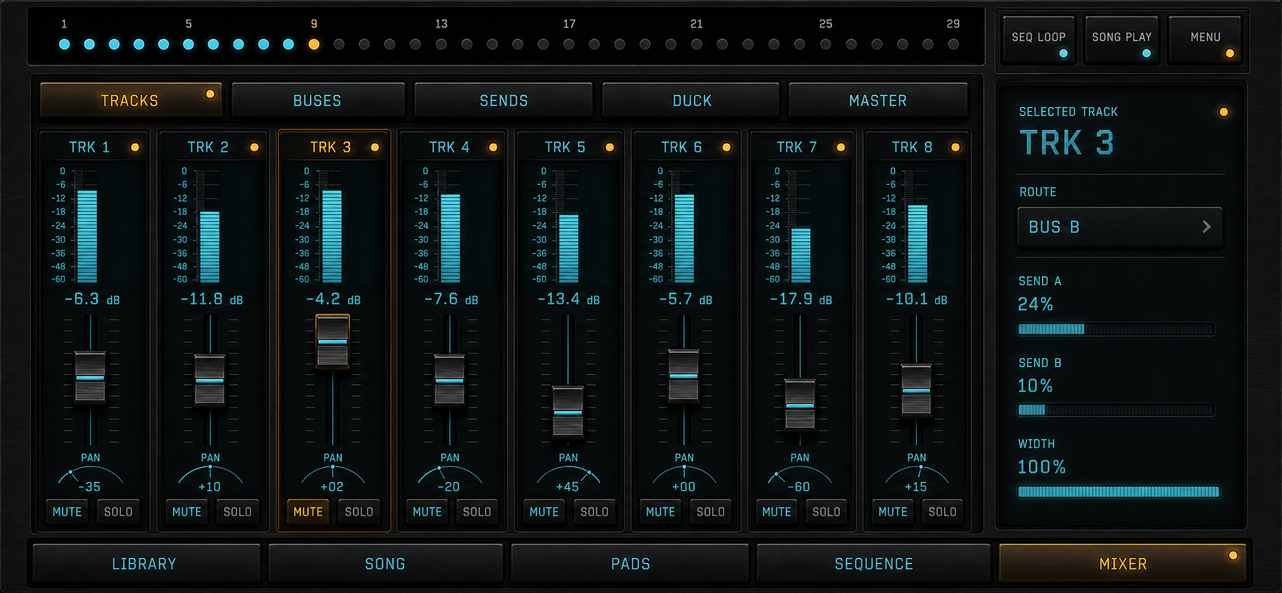 Pocket Tracker mixer with eight tactile channel strips, cyan displays, and amber status lights